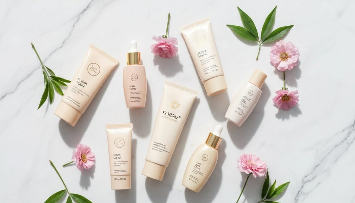 Korean sunscreen flat lay with Beauty of Joseon product on marble surface with soft pink flowers