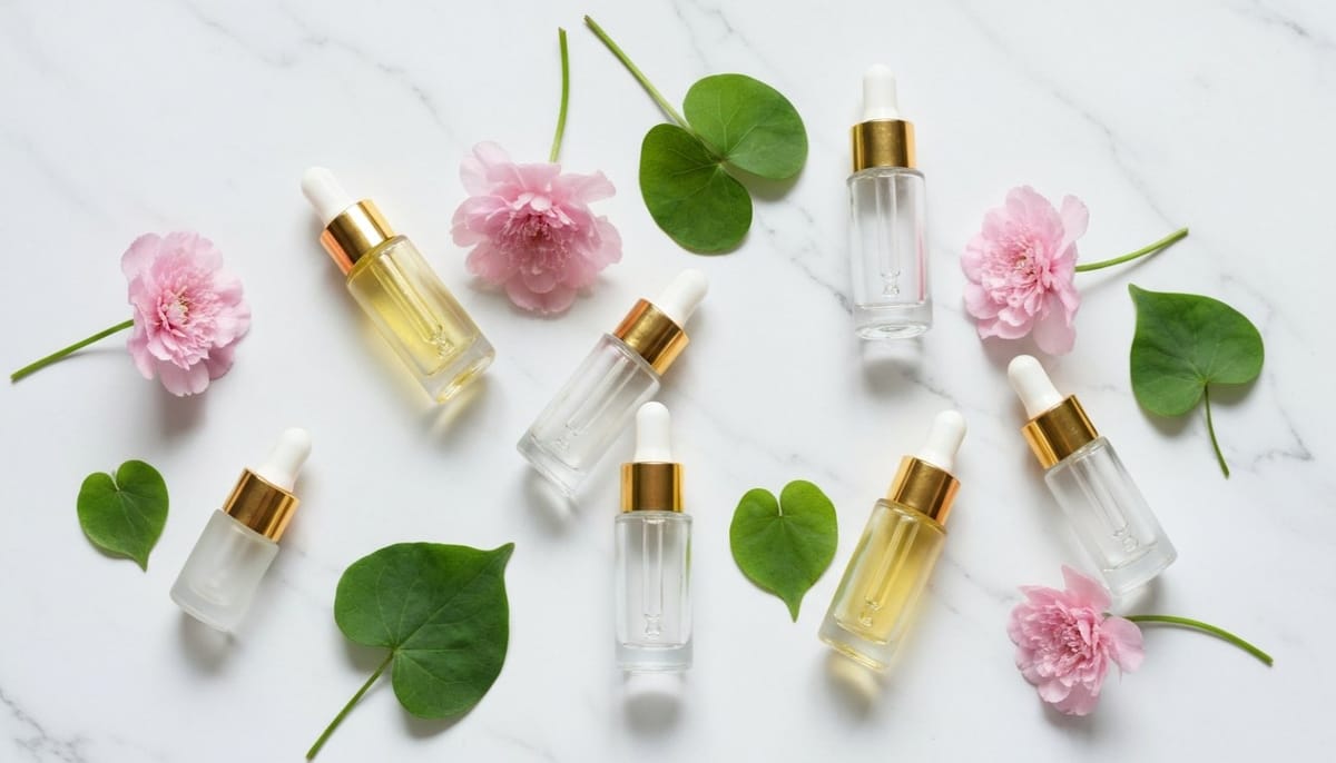 Heartleaf Houttuynia Cordata K-beauty skincare products flat lay on marble surface