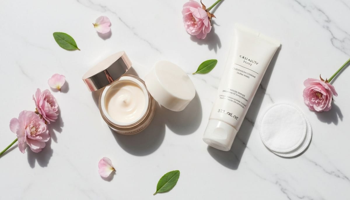 Korean double cleansing skincare products arranged on a clean white surface with soft natural lighting