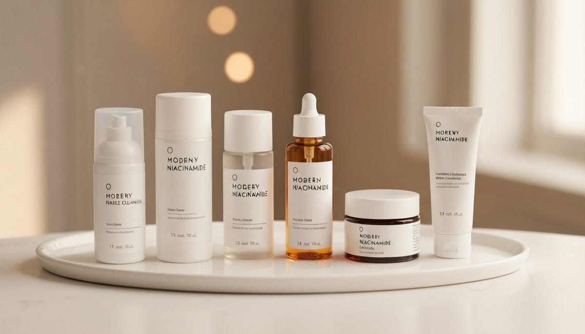 Korean niacinamide skincare products — serum and toner flatlay