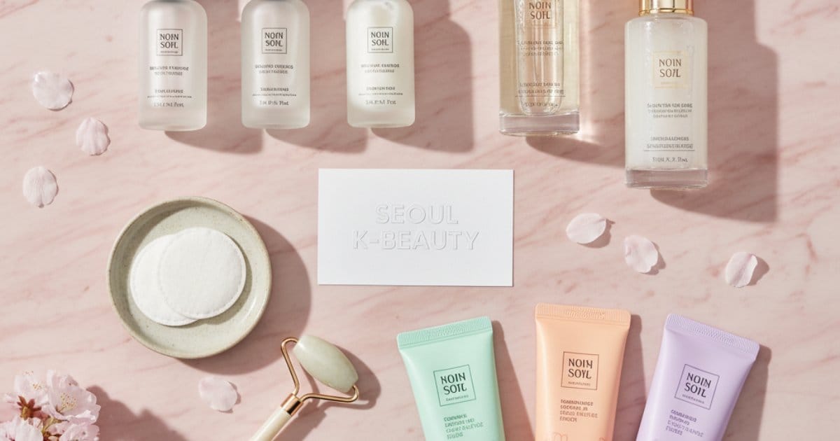 Spring 2026 K-Beauty trending products flat lay with cherry blossoms on pink marble