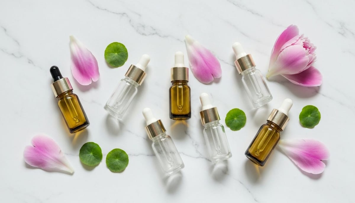 Best Korean ampoules flat lay on white marble with peonies and centella leaves — Mixsoon, Cosrx, Beauty of Joseon picks