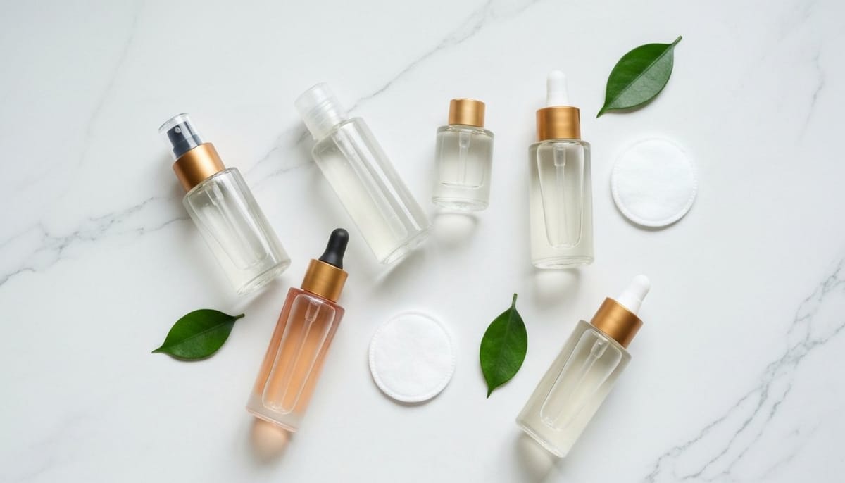 Best Korean exfoliators AHA BHA PHA products flat lay on marble surface