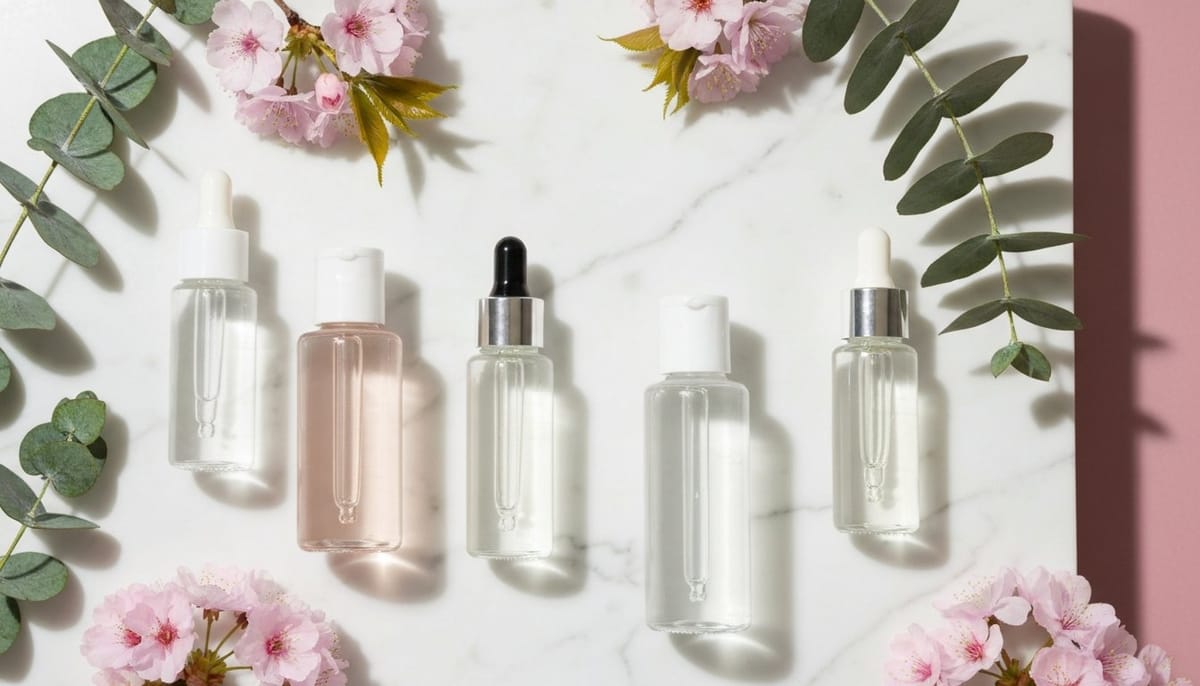 Best Korean toners for every skin type flat lay on marble surface