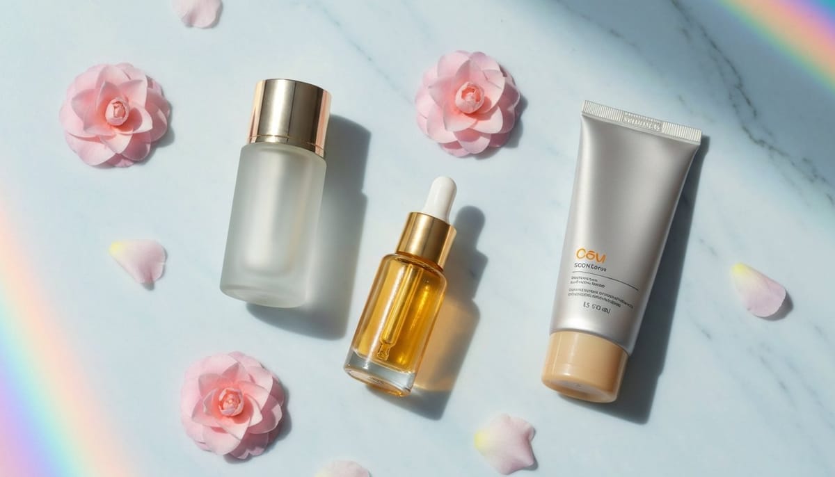 Dolphin skin K-beauty flat lay — Korean essence, serum, and SPF on pearl-blue marble with pale pink camellia petals, satin editorial style