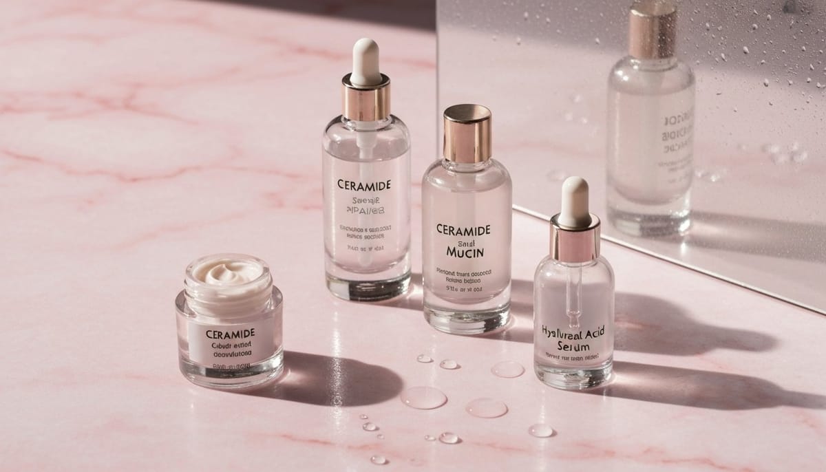 Korean glass skin flat lay — essence bottles, ceramide cream, and snail mucin on pink marble with reflective glass panel, K-beauty editorial