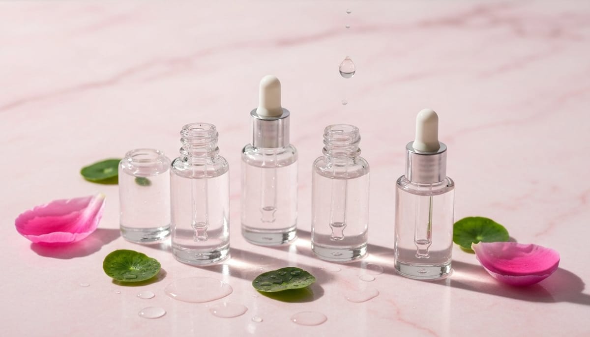 Korean hyaluronic acid serum dropper bottles with water droplets and peonies on a pink marble surface — multi-molecular weight HA flat lay