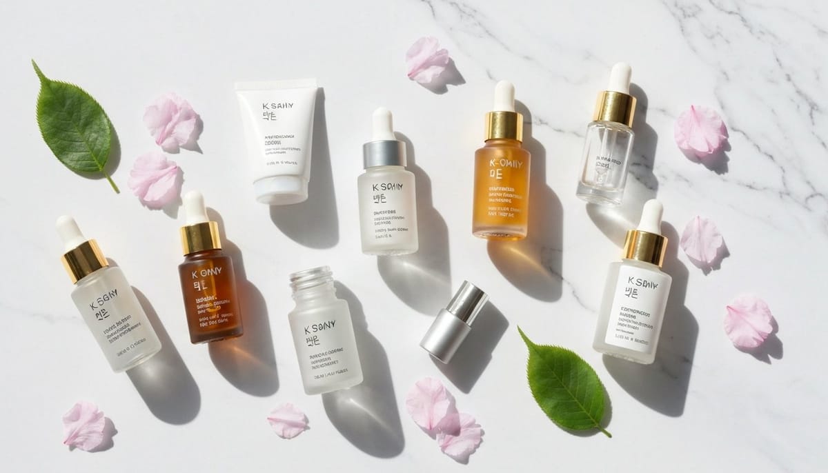 K-beauty trends 2026 skincare products flat lay on marble surface