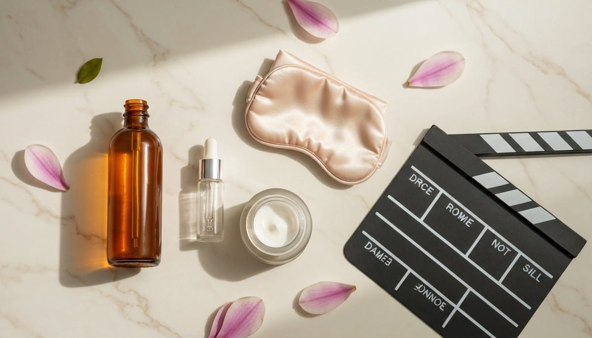 Korean skincare flat lay for K-drama actor routine — premium essence, serum, cream jar and silk eye mask on cream marble with magnolia petals