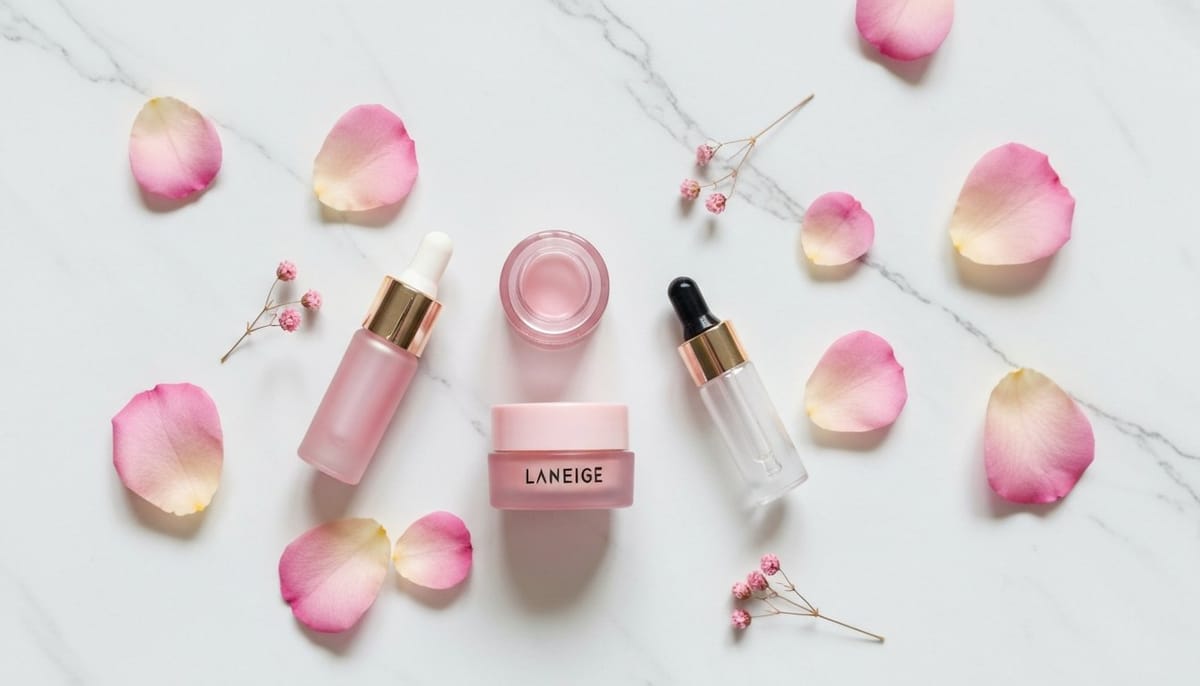 Laneige Lip Sleeping Mask review flat lay on white marble with pink flowers