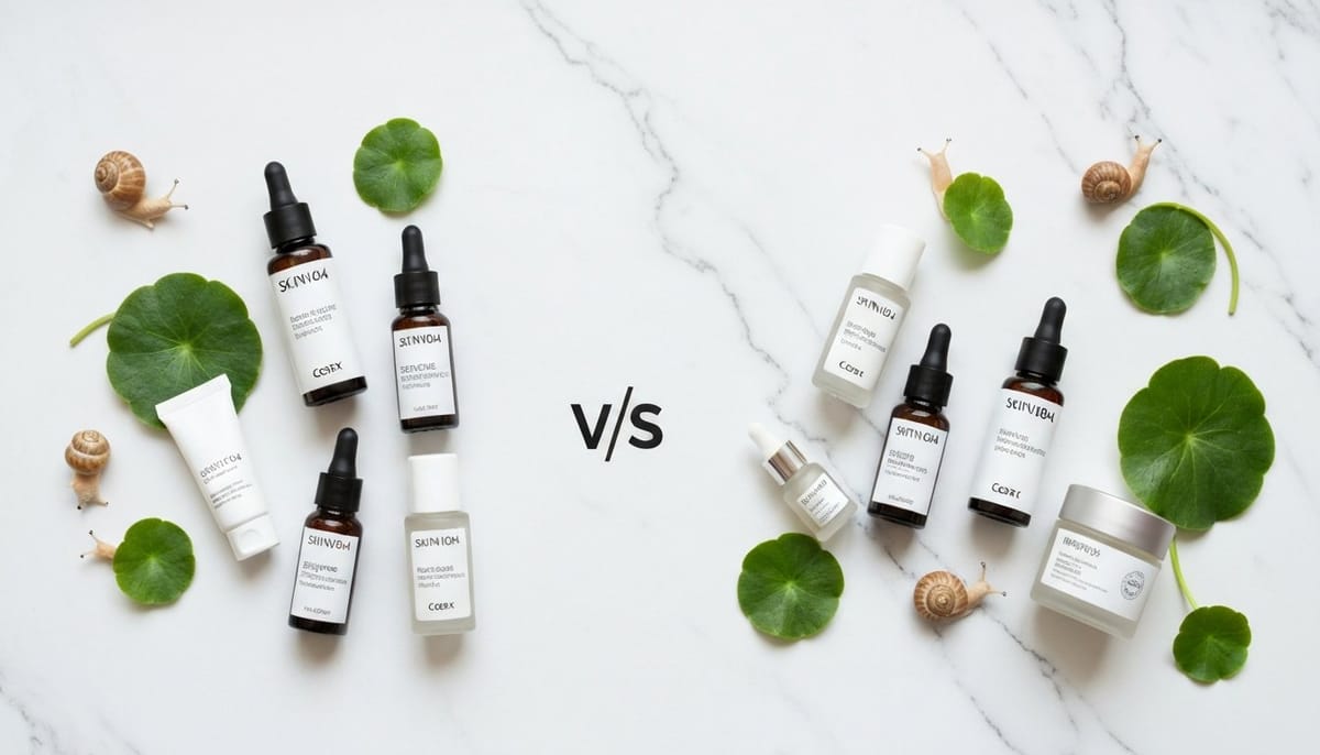SKIN1004 vs COSRX Korean skincare brands comparison - products arranged on marble surface