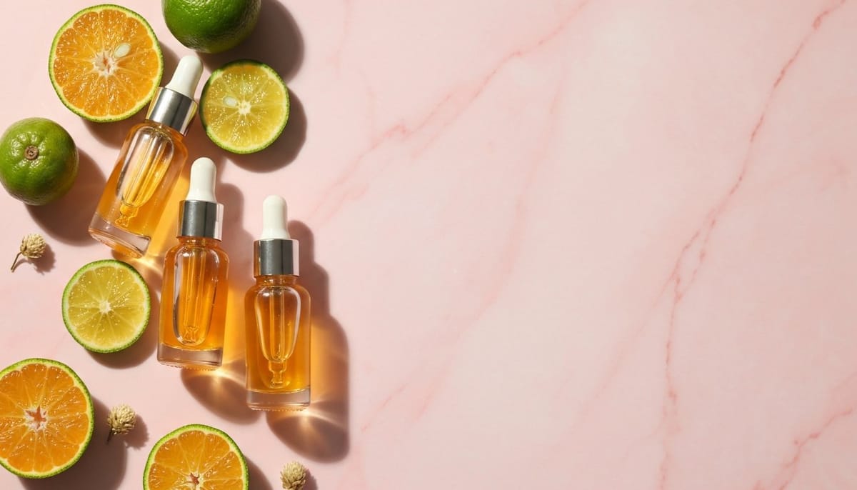 Korean Vitamin C serum dropper bottles with sliced green tangerine and yuja citrus on a soft pink marble surface — K-beauty brightening flat lay