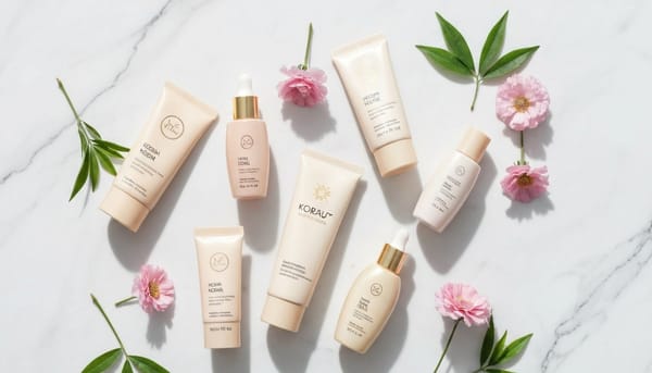 Korean sunscreen flat lay with Beauty of Joseon product on marble surface with soft pink flowers