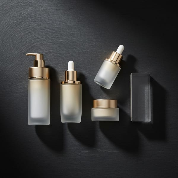 Luxury Korean skincare products arranged in a minimalist flat-lay on dark slate