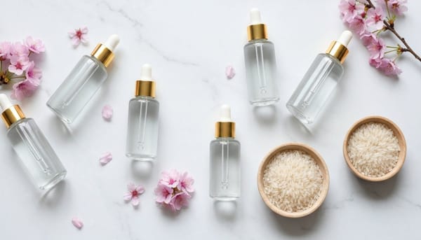 Korean rice water skincare products — toners and serums flat lay with cherry blossoms