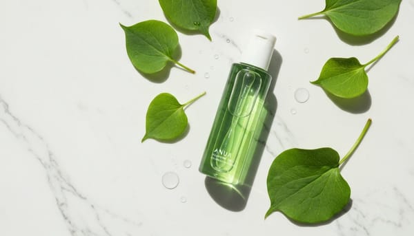 Anua Heartleaf 77% Soothing Toner bottle on white marble with fresh heartleaf plants