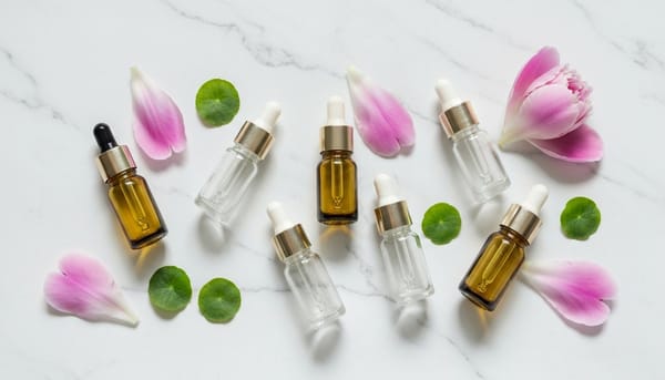 Best Korean ampoules flat lay on white marble with peonies and centella leaves — Mixsoon, Cosrx, Beauty of Joseon picks