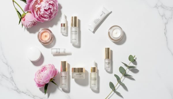 Best Korean eye creams flat lay on white marble with pink peonies — Beauty of Joseon, COSRX, Purito picks
