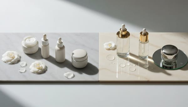Cloud skin vs glass skin K-beauty flat lay — Korean serums and creams on dove-grey and glossy ivory marble with camellia petals and dewy water droplets, editorial style