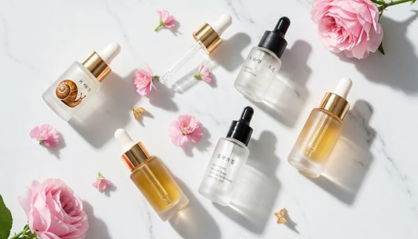 Best Korean snail mucin skincare products flat lay with serums and creams on marble surface