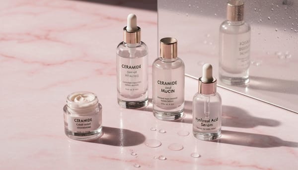 Korean glass skin flat lay — essence bottles, ceramide cream, and snail mucin on pink marble with reflective glass panel, K-beauty editorial