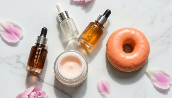 Hailey Bieber glazed donut skin Korean skincare products flat lay