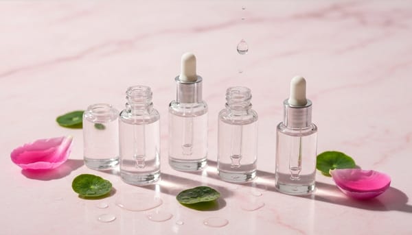 Korean hyaluronic acid serum dropper bottles with water droplets and peonies on a pink marble surface — multi-molecular weight HA flat lay