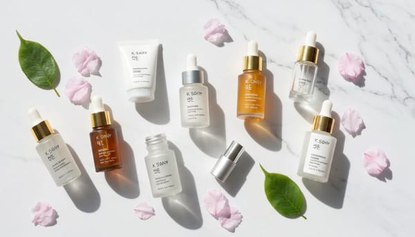 K-beauty trends 2026 skincare products flat lay on marble surface