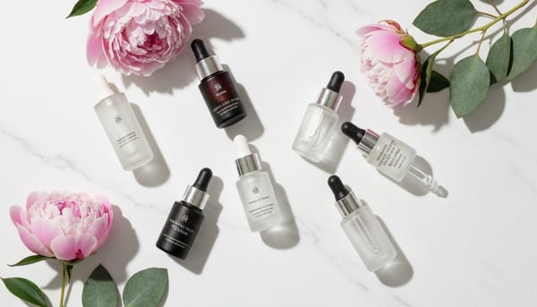 Korean skincare serums in glass dropper bottles on white marble with pink flowers