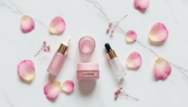 Laneige Lip Sleeping Mask review flat lay on white marble with pink flowers