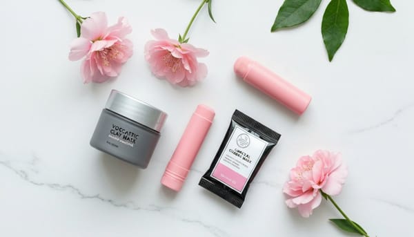 Korean clay masks flatlay including Innisfree Super Volcanic Clay Mask on white marble surface