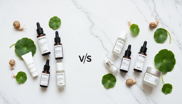 SKIN1004 vs COSRX Korean skincare brands comparison - products arranged on marble surface